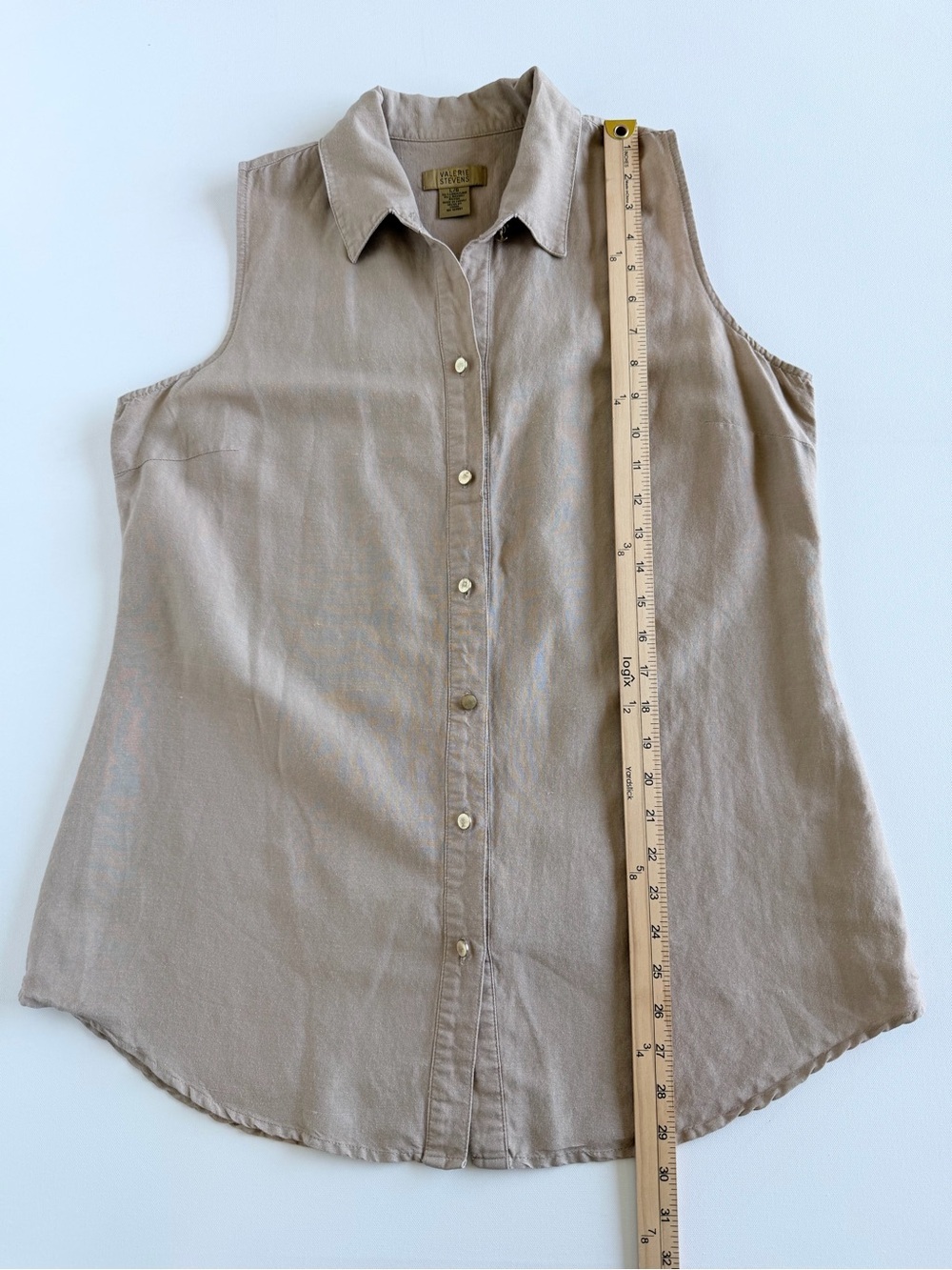 Valerie Stevens Linen Rayon Sleeveless Button Front Blouse Taupe Brass L - Picture 6 of 9